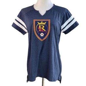 MLS Soccer Real Salt Lake Shirt Womens Large Navy Blue Stripe V-Neck Raglan Tee